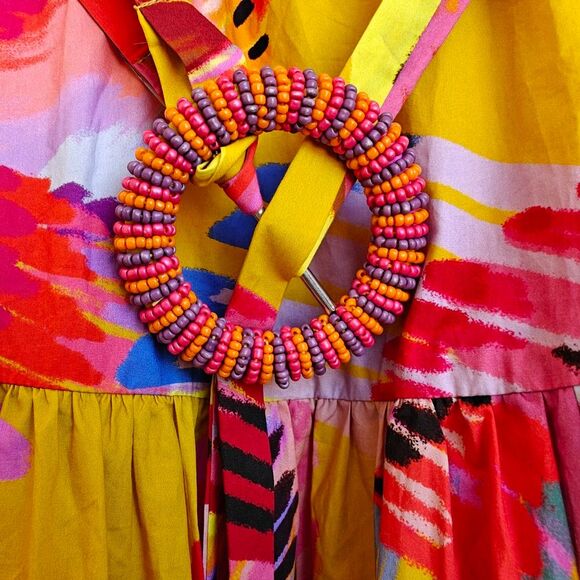 Farm Rio Neon Macaws Maxi Dress Size XS Colorful Off The Shoulder Beaded Belt - Picture 7 of 14